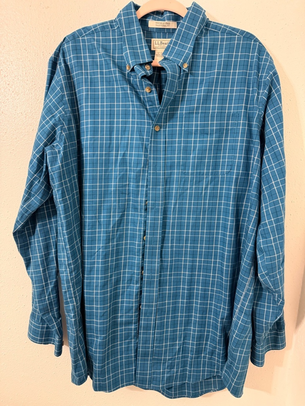 L.L. Bean Teal Blue Windowpane Button-Down Shirt